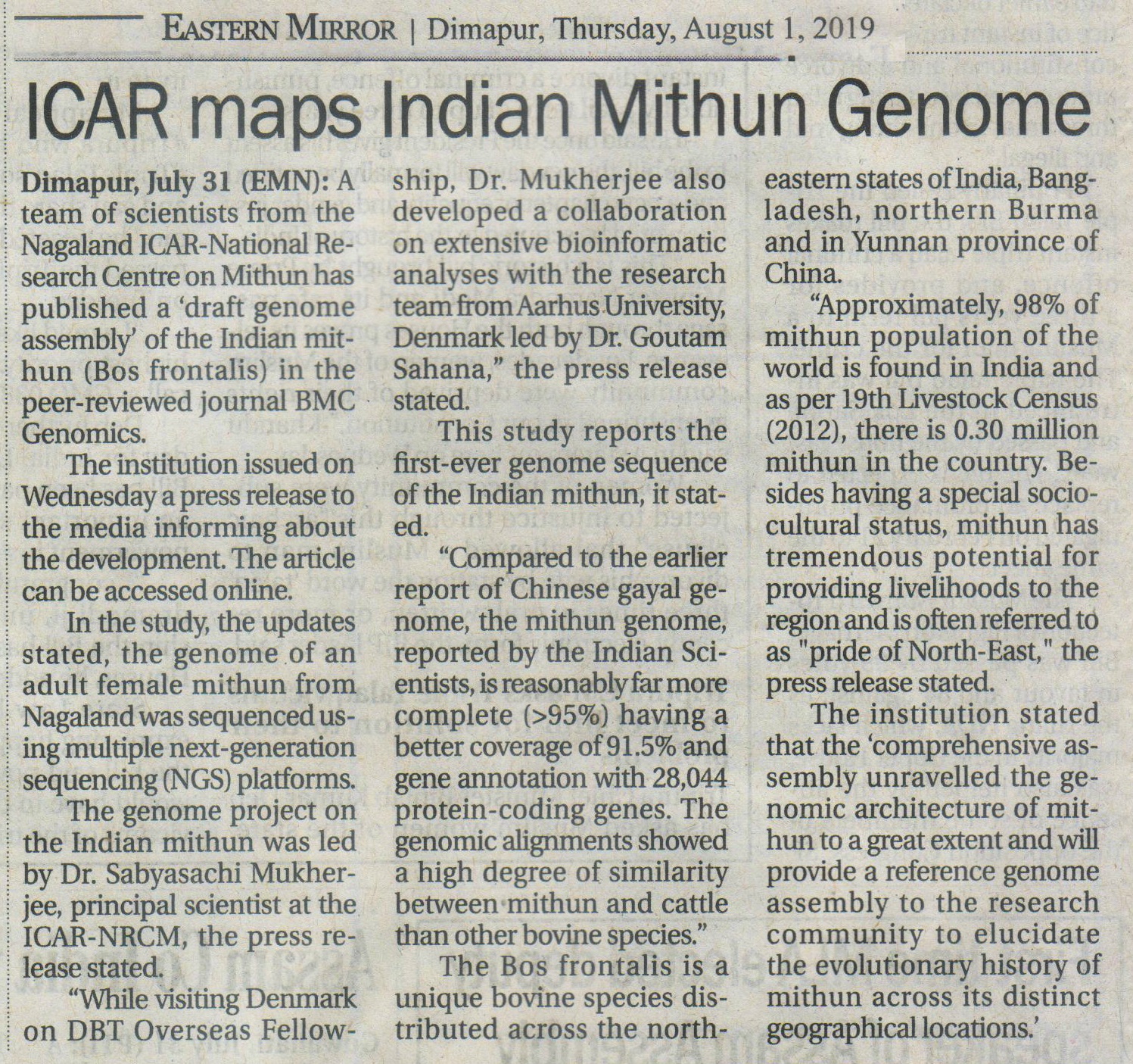 ICAR maps India Mithun Genome