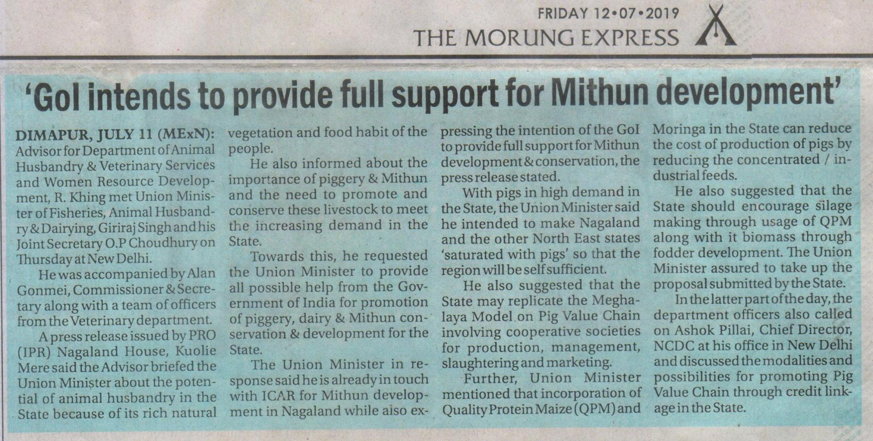 'GoI intends to provide full support for Mithun development'