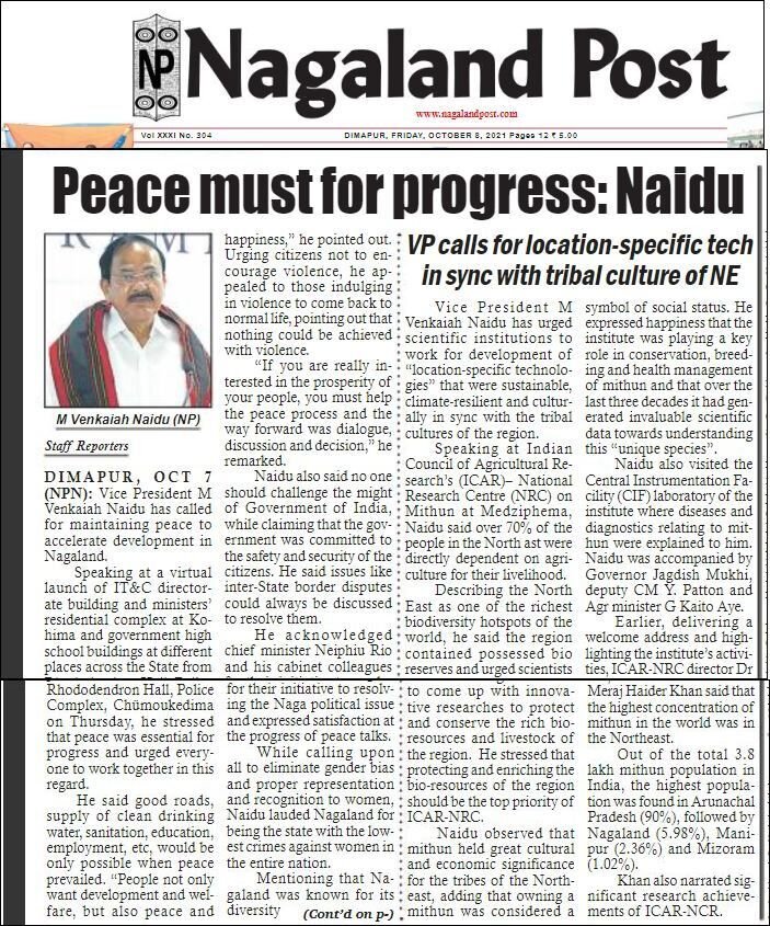 Nagaland Post 8th October 2021 (Hon'ble Vice President of India visit on 7th October 2021)